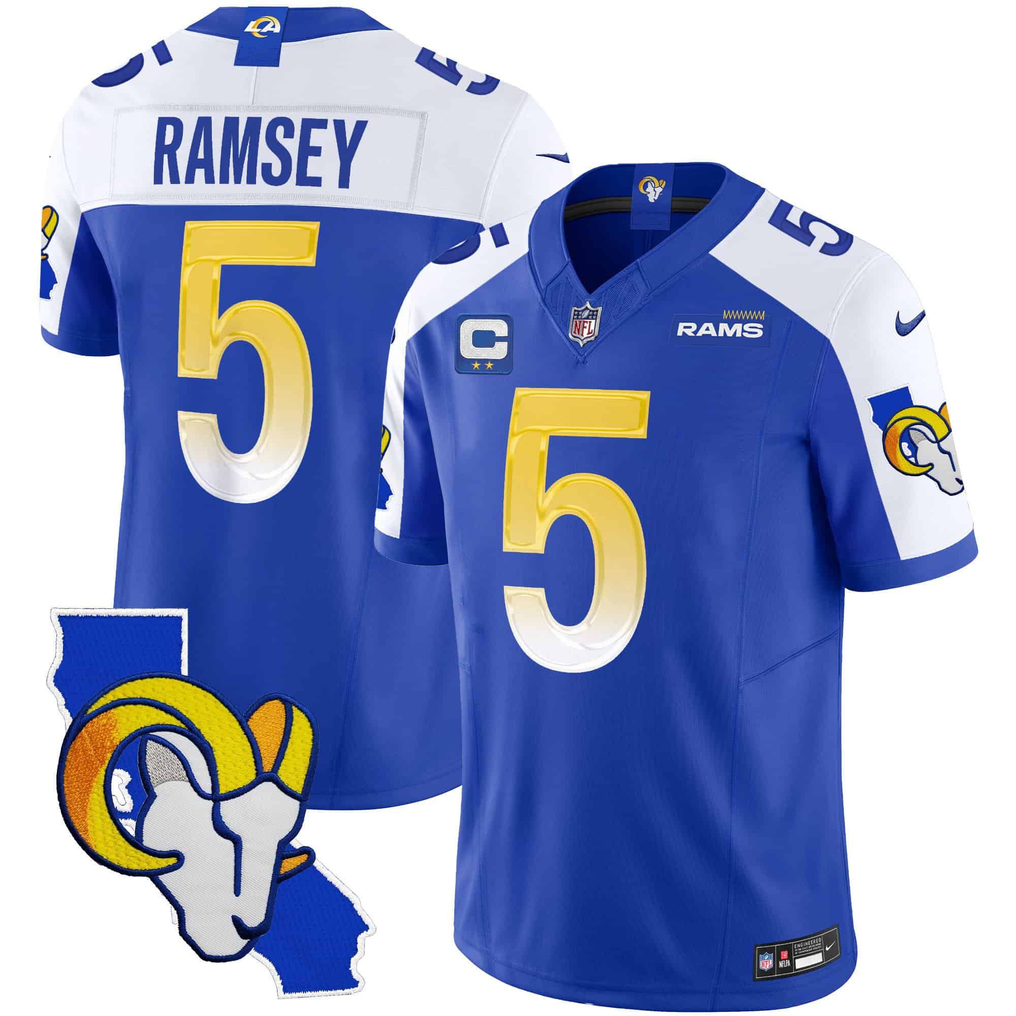 Men Los Angeles Rams 5 Ramsey Blue 2024 Nike California Patch Vapor Limited NFL Jersey